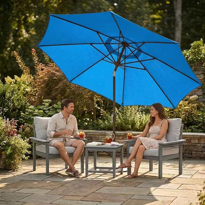 Kingdura 9FT Outdoor Patio Umbrella, Round Market Table Umbrella with Push‑Button Tilt and Crank Lift, 8 Sturdy Metal Ribs, UV50+ Protection Canopy for Backyard, Lawn, Deck, Poolside, Garden (Royal blue)