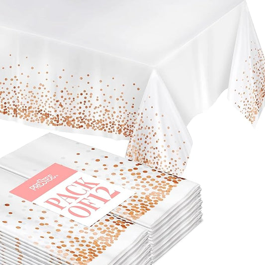 Prestee Rose Gold Plastic Rectangle Tablecloths Pack of 12-54" x 108" Disposable Table Cloths for Parties, Heavy-Duty Waterproof and Stain-Resistant Tablecloth for Thanksgiving, Weddings, Holidays