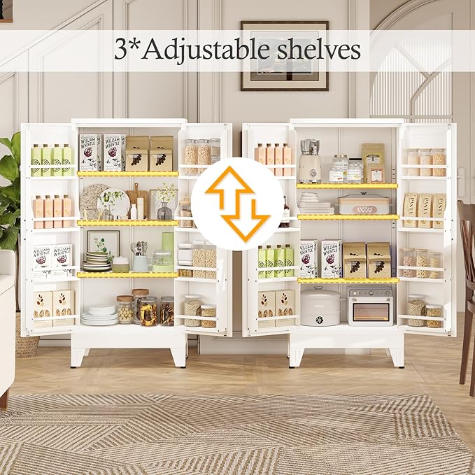 White Pantry Storage Cabinet, 48" Kitchen Pantry with Doors and 3 Adjustable Shelves, Metal Freestanding Buffet Cupboards Sideboard, for Office, Home, Garage, School