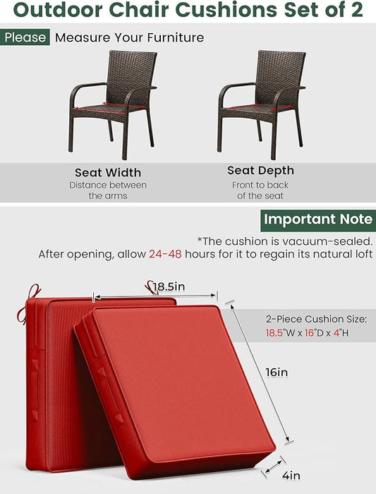 Outdoor Chair Cushion 18.5 x 16 x 4 Inches Patio Furniture Outdoor Waterproof Seat Cushion, Patio Chair Cushion with Handles and Ties, Square Dining Chair Cushion Set of 2, Red