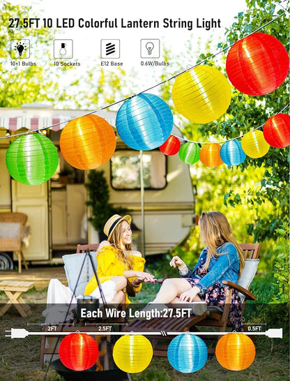 G40 LED Outdoor Lantern String Lights, 27.5FT Multicolor Patio String Lights with 10 Chinese Lanterns, Plug in Nylon Lantern Lights Waterproof UL Listed for Backyard Party Birthday Wedding Christmas