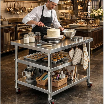 Stainless Steel Prep and Work Table with Wheels, Multi-Size Heavy-Duty Metal Commercial Kitchen Commercial Workbench,Suitable for Restaurants, Homes,Outdoor and Hotels (44" Lx24 Wx34 H)