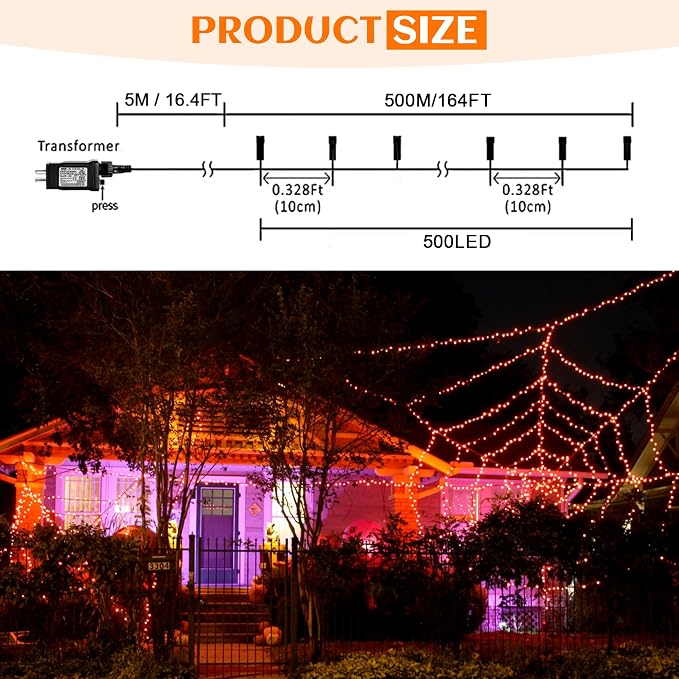 kemooie 500 LED Halloween Lights Outdoor, 164 FT Fairy Lights with 8 Modes | Orange, Timer&Memory Function, Plug in, IP44 Waterproof, Indoor Outdoor Use, Home/Party/Garden/Halloween Decor