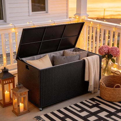 Outdoor 170 Gallon Water-Resistant Wicker Storage Box with Wheels, PE Rattan Deck Box with Waterproof Liner for Outside, Patio Storage Container with Hinged Lid, Horizontal Bin, Black