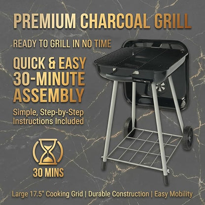 Portable 17.5-Inch Charcoal Kettle Grill with Wheels, Porcelain-Coated Steel Outdoor BBQ Smoker, Freestanding Grilling for Patio and Tailgating
