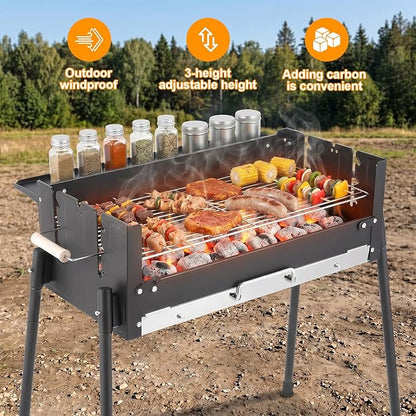 Outdoor BBQ Grill, Barbecue Wood Charcoal Grill with 201 Stainless Steel, Folding Portable BBQ Tool Kits, 3-Gears Height Adjustment Standing BBQ Grill for Outdoor Hiking, Cooking Camping Picnics