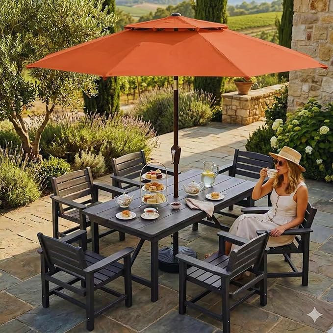 Patio Umbrella, 2 Tier Outdoor Table Umbrella, Large Vented Market Umbrellas with Push Button Tilt and Crank, 8 Sturdy Ribs for Backyard, Deck, Pool, UPF50+ UV Protection