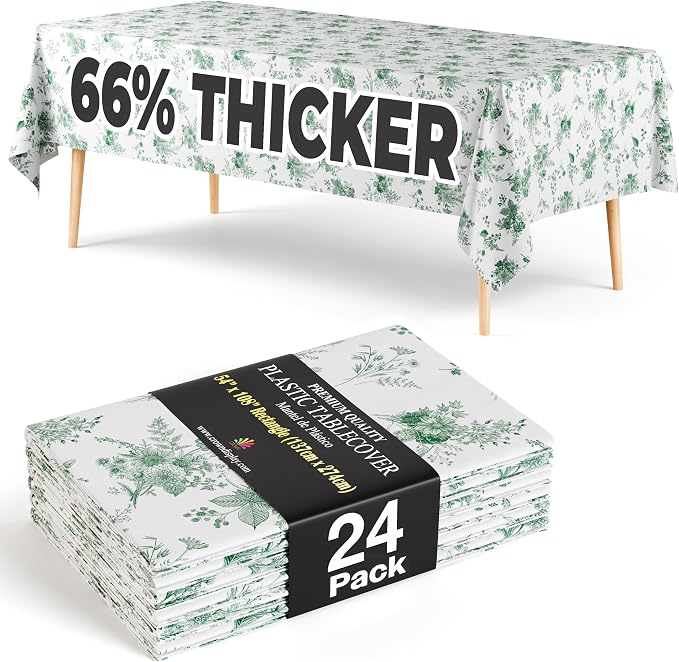Exquisite 66% Thicker Floral Plastic Tablecloth Rectangle 54x108 Inch 24 Pack - Verdure Green Disposable Summer Table Cloth Tea Party Decorations - Vintage Table Cover Bridal Shower Wedding Spring