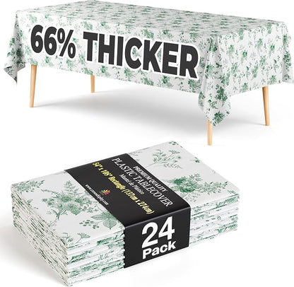 Exquisite 66% Thicker Floral Plastic Tablecloth Rectangle 54x108 Inch 24 Pack - Verdure Green Disposable Summer Table Cloth Tea Party Decorations - Vintage Table Cover Bridal Shower Wedding Spring