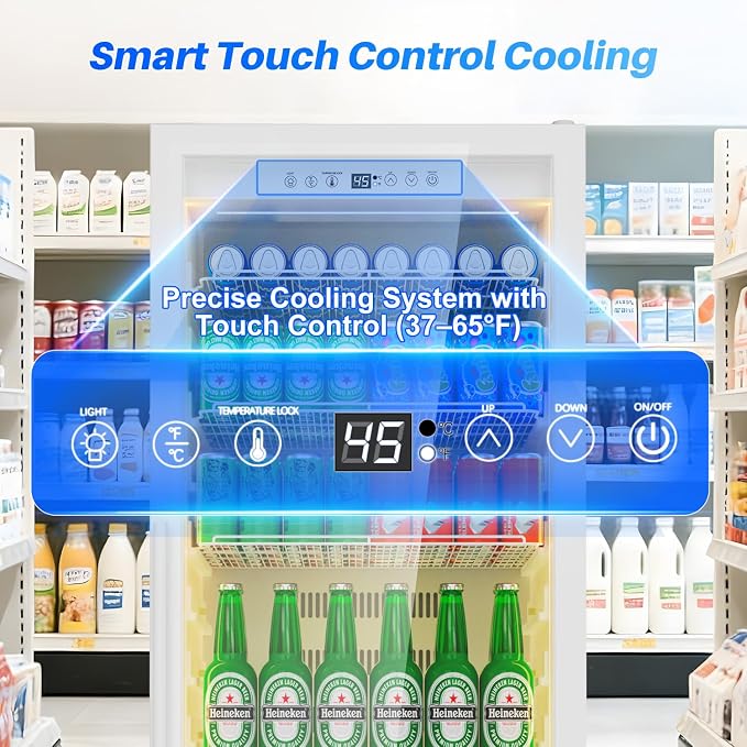 Velivi Commercial Display Beverage Fridge: 13.8 Cu Ft Upright Cooler with Glass Door, LED Lighting, Low Noise, and Rapid Cooling for Restaurants, Shops, and Offices (White)