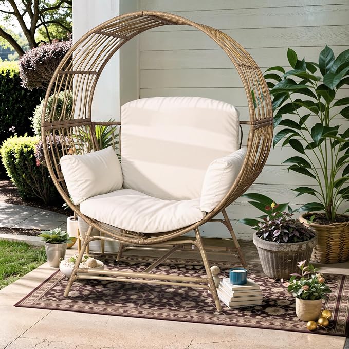 Fancyango Egg Chair Outdoor Indoor, Oversized Rattan Chair with Thicken Cushion, 350LBS Capacity Wicker Patio Lounge Chair, Basket Chair for Living Room Balcony Porch Backyard, Beige