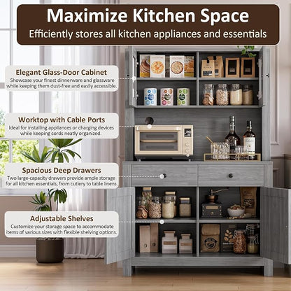 IDEALHOUSE 63" Kitchen Pantry Cabinet with Drawers, Hutch Cabinet with Storage, Microwave Stand, Adjustable Shelves, Freestanding Tall Pantry Storage for Dining Room, Living Room, Grey