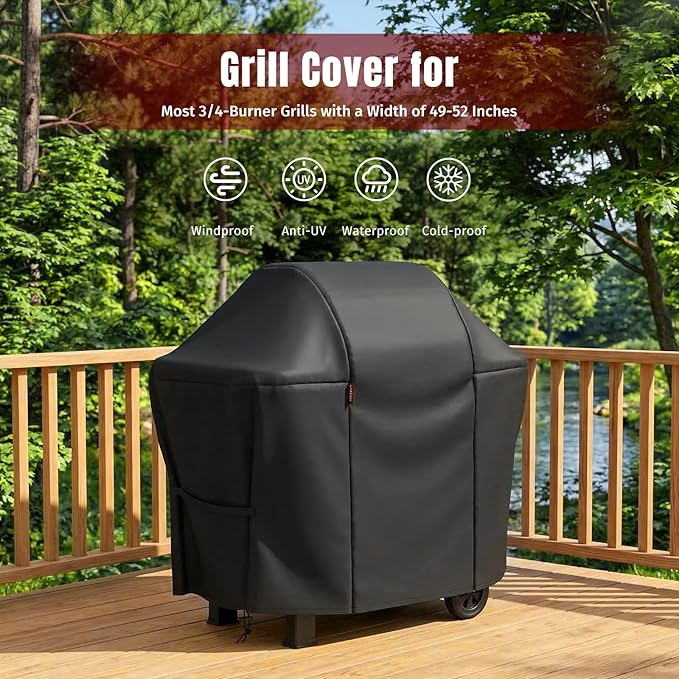SHINESTAR 52 Inch Grill Cover for 49-52" Most 3-4 Burner Gas Grills, Heavy Duty Oxford Fabric BBQ Cover Waterproof UV Protection, Windproof with Magic Tape & Drawstring Bottom