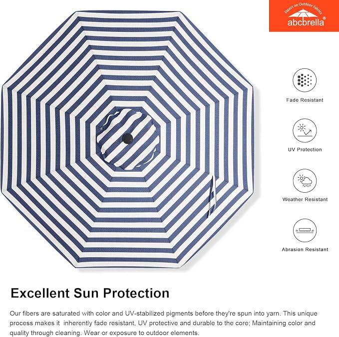 ABCCANOPY OLEFIN® 5-Year No Fading 9FT Outdoor Patio Umbrella(Navy Stripe) | Fade & UV Resistant Fabric,8 Fiberglass Ribs，Wind Vent，Crank Lift & Tilt,Outdoor Table Umbrella for Deck,Backyard,Yard
