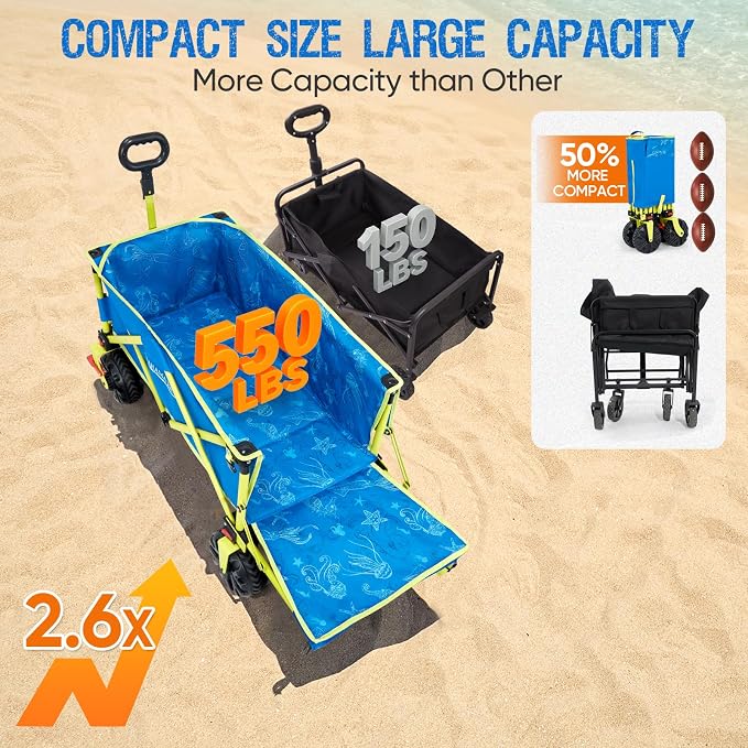 300lbs Extra Long 49" L Beach Wagon with Big Wheels with Brake for Sand, Collapsible Utility Beach Cart Heavy Duty Folding Wagon,Ideal for Outdoor Sand Camping Garden Pet