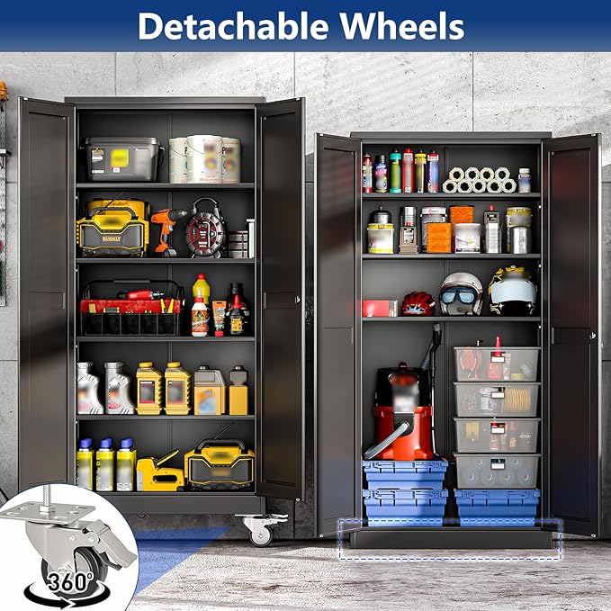 Ckzbx Metal Garage Storage Cabinet with Locking Doors and Adjustable Shelves,71" H Steel File Cabinet with Wheels for Garage,Office (Black)