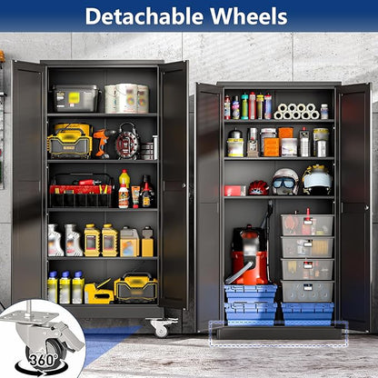 Ckzbx Metal Garage Storage Cabinet with Locking Doors and Adjustable Shelves,71" H Steel File Cabinet with Wheels for Garage,Office (Black)