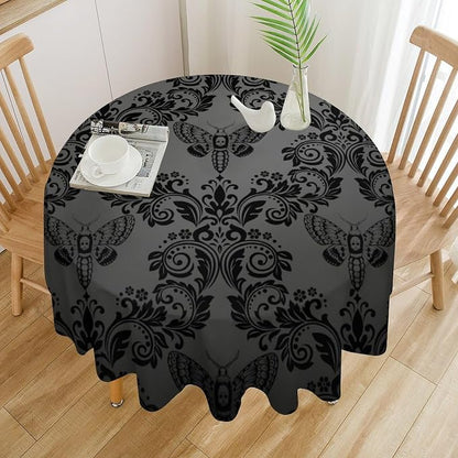 Black Damask Round Tablecloth Gothic Vintage Floral Skull Exotic Moth Antique Table Cloth Water Resistant Wipeable Table Cover for Farmhouse Party Holiday Kitchen Dinner Table 70"