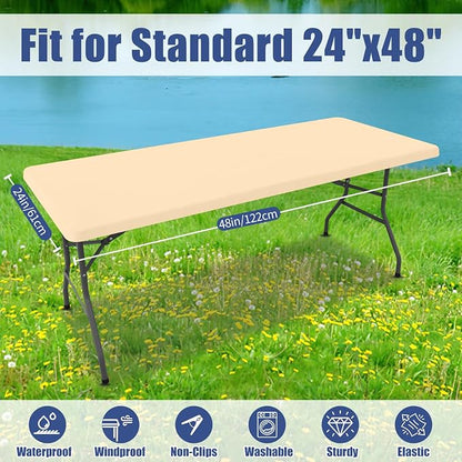 Moosfor 2 Pack Rectangle Spandex Fitted Table Cloth, 4FT Elastic Tablecloth | Washable Picnic Table Cover, Stretch Waterproof Table cloths for Party, Patio, Dining, Kitchen, 24" x 48", Ivory