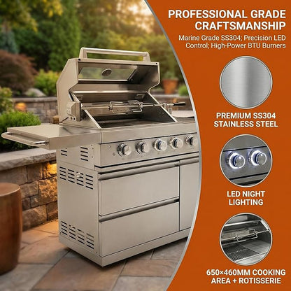 Premium 6-Burner 304 Stainless Steel Outdoor Kitchen Island with Grill, Sink, Refrigerator, Rotisserie & LED Lighting | 75,300 BTU Modular BBQ Station for Patio Backyard