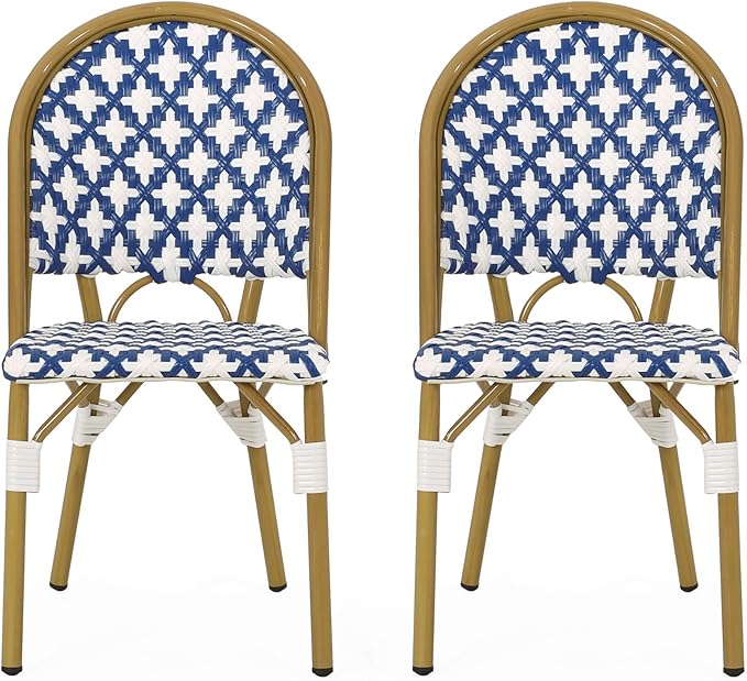 Christopher Knight Home Anastasia Outdoor French Bistro Chair (Set of 2), Blue + White + Bamboo Print Finish