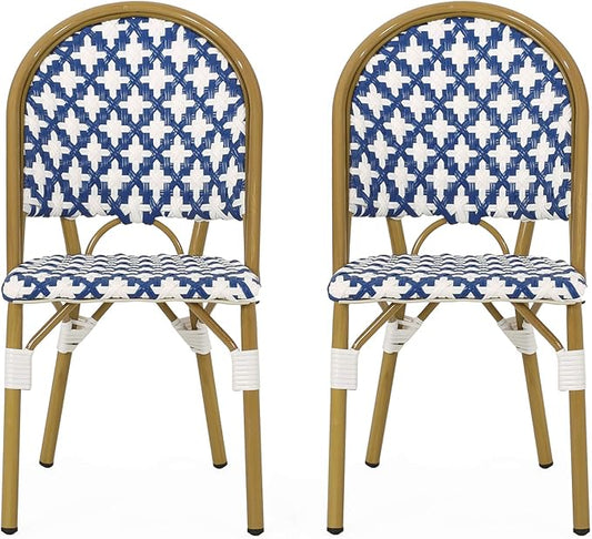 Christopher Knight Home Anastasia Outdoor French Bistro Chair (Set of 2), Blue + White + Bamboo Print Finish