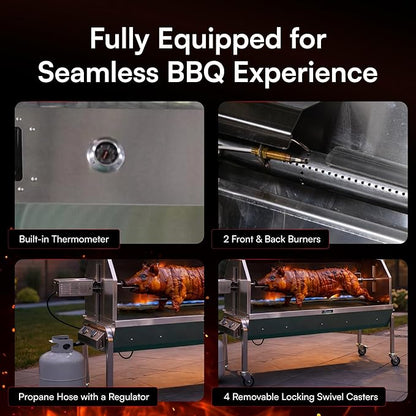52 Inch Propane Rotisserie Spit Roaster for Whole Pig, Lamb, Goat, Stainless Steel BBQ Grill with Hood, 50W Motor 200 lb Torque, 4 RPM, Thermometer, Grates, Drip Pan & Accessories - SSG1