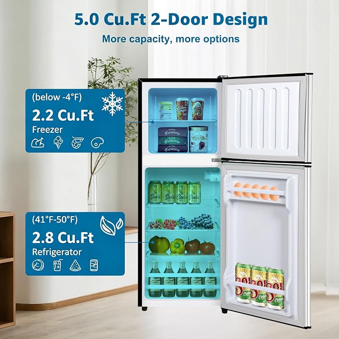 5.0 Cu. Ft Dorm Fridge for Apartment with Freezer Small Refrigerator Silver | Compact Refrigerator 7-Level Adjustable Thermostat, Adjustable Glass Shelves Compact Mini Fridge for Kitchen, Dorm, Office