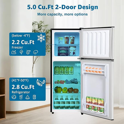 5.0 Cu. Ft Dorm Fridge for Apartment with Freezer Small Refrigerator Silver | Compact Refrigerator 7-Level Adjustable Thermostat, Adjustable Glass Shelves Compact Mini Fridge for Kitchen, Dorm, Office