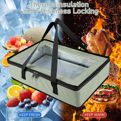 BANGIE BBQ Meat Resting Blanket & 9x13 Foil Pan Carrier - Leakproof Insulated Casserole Transport Bag with Visual Window, Rigid Hard Bottom - Birthday Father's Day Grilling Gifts for Men, Dad,Green