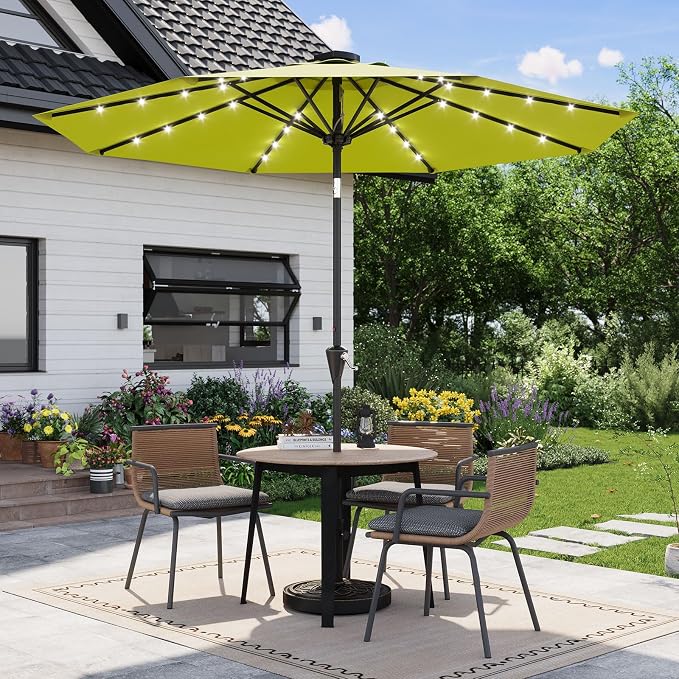 Garvee patio Umbrella with Solar Lights, Outdoor Table Umbrella with 8 Durable Ribs, Tilt & Crank Mechanism, Waterproof & UV Protection for Garden, Backyard, Poolside