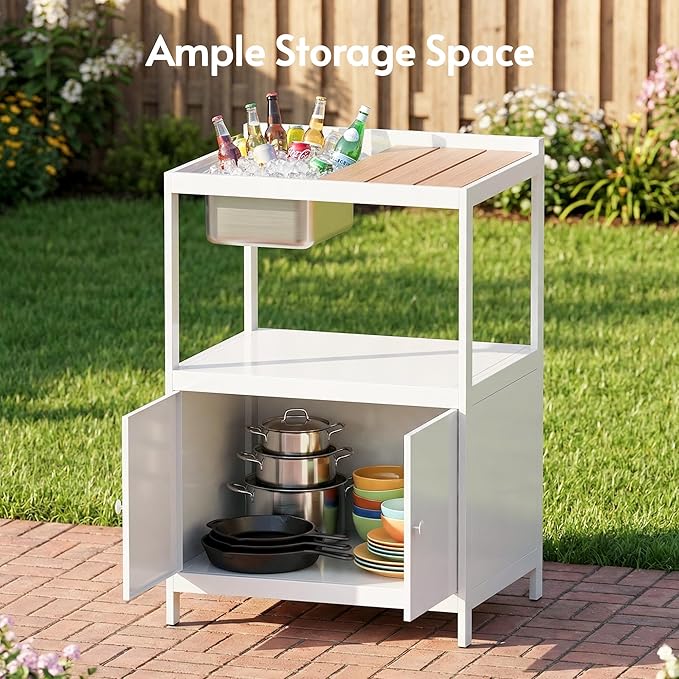 ENSTVER Modular Outdoor Kitchen with All-Aluminum Island & Cabinets, Stainless Steel Sink, Food-Safe Countertop, Outdoor Kitchen Island for Patio, Deck, Backyard,White