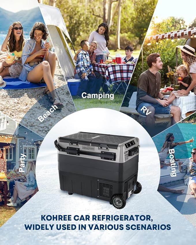 Kohree 12V Car Refrigerator, 53 Quart (50L) Car Fridge for Camping | Electric Cooler with Handle, Wheels, Dual Zone, Dual Door, 4℉-68℉, 12/24V DC, 100-240V AC, Portable Freezer
