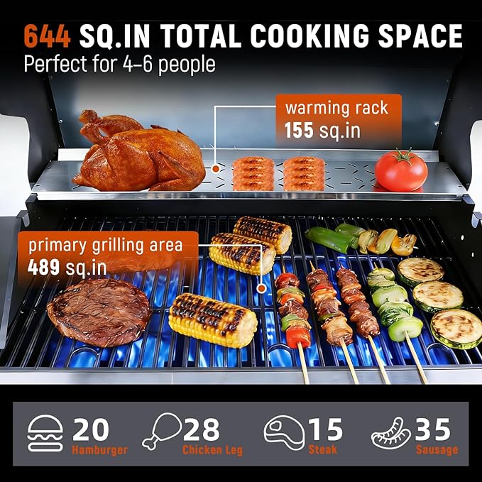 Redlife 6 Burner Propane Gas Grill, 60,000 BTU Outdoor BBQ Grill with Cast Iron Cooking Grates, Stainless Steel Warming Rack, Built-in Thermometer, Electronic Ignition, Side Shelves, Storage Cabinet