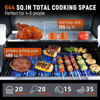 Redlife 6 Burner Propane Gas Grill, 60,000 BTU Outdoor BBQ Grill with Cast Iron Cooking Grates, Stainless Steel Warming Rack, Built-in Thermometer, Electronic Ignition, Side Shelves, Storage Cabinet