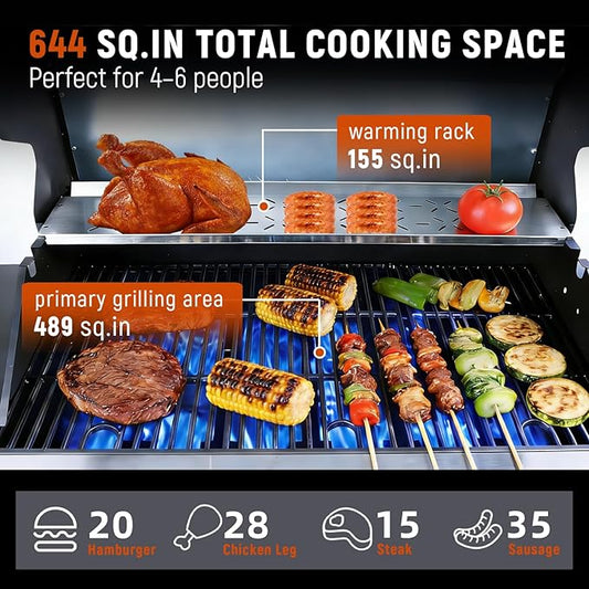 Redlife 6 Burner Propane Gas Grill, 60,000 BTU Outdoor BBQ Grill with Cast Iron Cooking Grates, Stainless Steel Warming Rack, Built-in Thermometer, Electronic Ignition, Side Shelves, Storage Cabinet