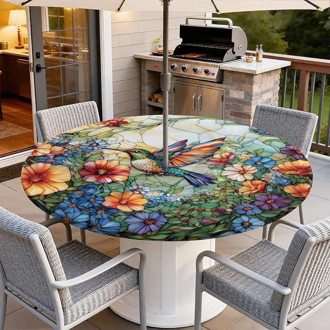 Outdoor Tablecloth with Umbrella Hole and Zipper Fits 61-65" Tables | Waterproof Round Fitted Tablecloth with Elastic Edge, Wipeable Outdoor Table Cover for Patio, Garden, Picnic