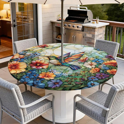 Outdoor Tablecloth with Umbrella Hole and Zipper Fits 61-65" Tables | Waterproof Round Fitted Tablecloth with Elastic Edge, Wipeable Outdoor Table Cover for Patio, Garden, Picnic