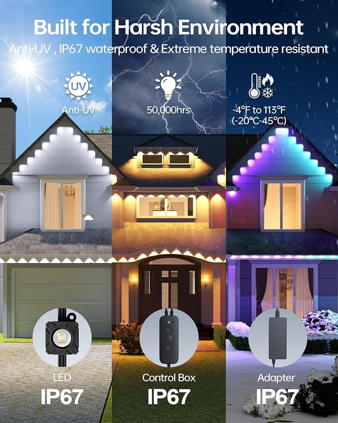 ASAHOM Permanent Outdoor Lights Pro S108B, 100FT with 72 RGBCW LEDs, Black | Up to 70lm, WLED Integrated, 30,000 Dynamic Effects, AI Lighting, Dual Output, for Outdoor Holiday Decor and Daily Lighting