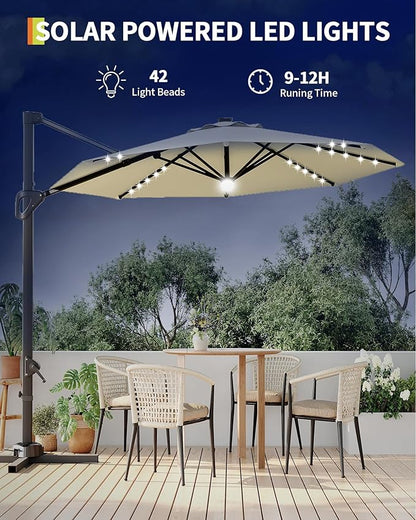 GarveeLife 10FT Patio Umbrella Outdoor Solar LED Large Cantilever Umbrella Market Sun Shade Windproof Offset Umbrella with 360-Degree Rotation for Garden Deck Pool Patio