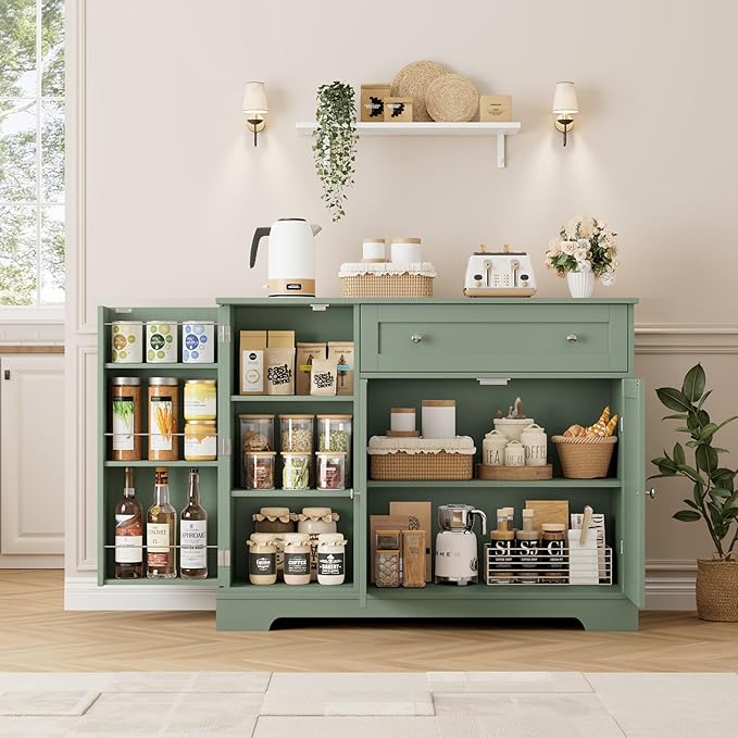HOSTACK Buffet Cabinet with Storage, Modern Sideboard Buffet with Doors, Wood Coffee Bar Kitchen Storage Cabinet with Drawer and Adjustable Shelf for Kitchen, Dining Room, Living Room, Green