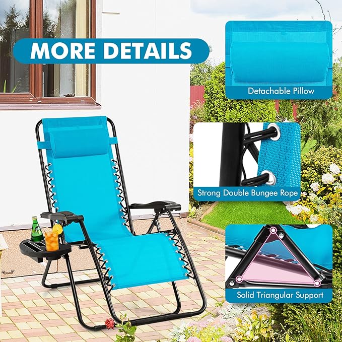 Giantex Zero Gravity Reclining Chair, Outdoor Patio Recliner with Cup Holder & Removable Pillow, Adjustable Backrest, Indoor Lounge Chair for Backyard, Garden, Poolside (Blue)