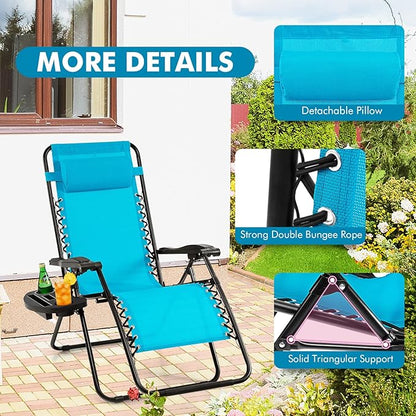 Giantex Zero Gravity Reclining Chair, Outdoor Patio Recliner with Cup Holder & Removable Pillow, Adjustable Backrest, Indoor Lounge Chair for Backyard, Garden, Poolside (Blue)