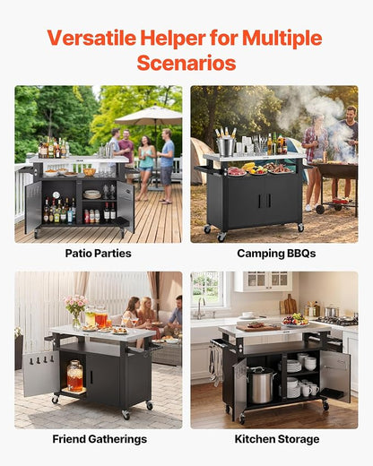 VEVOR Outdoor Grill Cart with Storage Cabinet, 53.1 Inch Grill Table, Waterproof Kitchen Island with Stainless Steel Top, Shelf, and Wheels, Movable Food Prep Station for Patio Bar Backyard BBQ