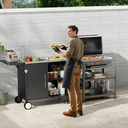 Outdoor Grill Table with Sink, Metal Worktable Kitchen Cabinet Island w/ 304 Stainless Steel Sink, Foldable Top and Storage Cabinet, Rolling Grill Cart with Wheels for Garden, Backyard and Lawn