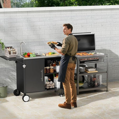 KEIKI Outdoor Grill Table with Sink & Foldable Worktop, 304 Stainless Steel BBQ Cart with Storage Cabinet & Wheels, Outdoor Kitchen Prep Station with Large Basin for Backyard, Garden, Patio