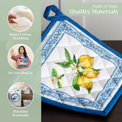 Maison d' Hermine Pot Holders 100% Cotton Heat Resistant Potholders 8" x 8" Hot Pads with Loop BBQ Cooking Baking Hotel Farmhouse Kitchen Handling Hot Pans Spring Summer (Pack of 1, Cedrat)