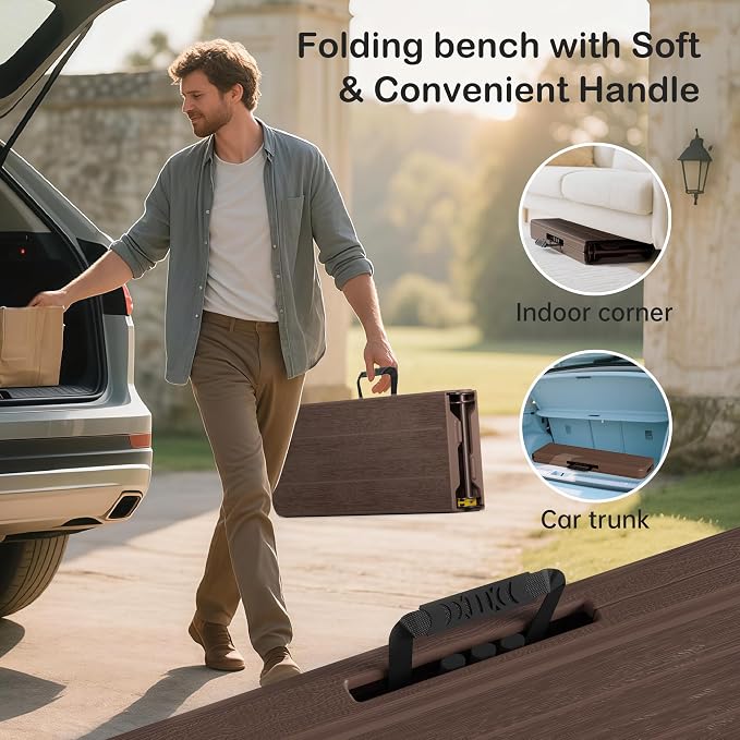 VSOAEIL 6 Foot Folding Bench, 6 FT Foldable Plastic Bench Indoor & Outdoor | 6 Feet Portable Bench Seating with Handle and HDPE Tabletop - Party, Dining, Picnic, Camping, Sports, Temporary Events, Brown