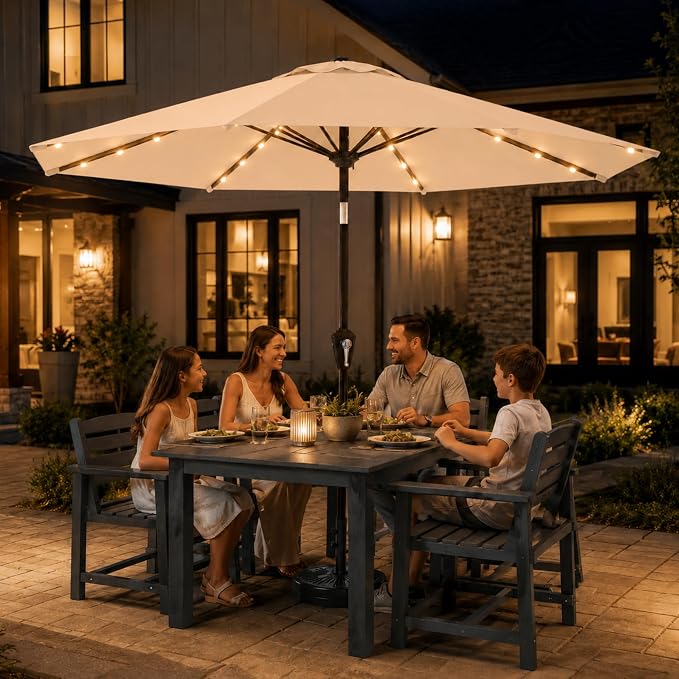 11FT Solar Lighted Patio Umbrella, Outdoor Table Market Umbrellas with Crank Lift, 32 LED Lights, 8 Sturdy Ribs, UV-Resistant for Deck, Garden, Pool