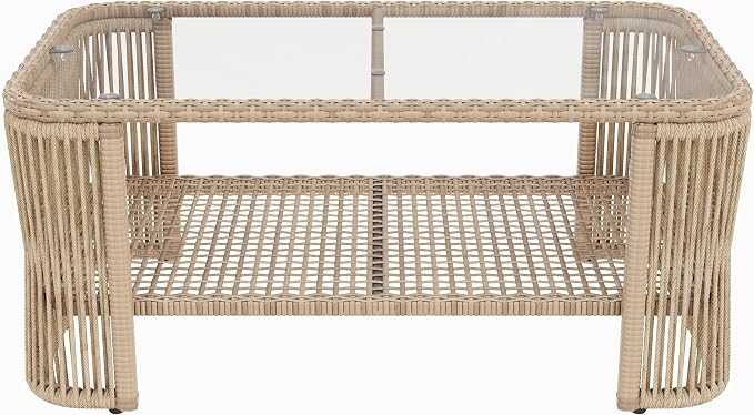 VilroCaz Outdoor PE Rattan Patio Furniture Sectional Sofa Set with Iron Frame, All-Weather Beige Wicker Conversation Set with Thick Cushions and Coffee Table for Garden Backyard Balcony